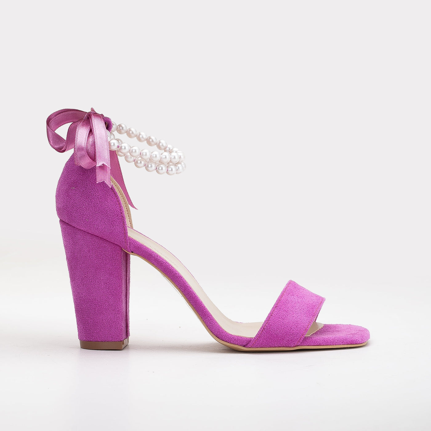 Melissa - Fuchsia Suede Sandals with Pearls – front three-quarter view showing pearl, leather, suede, SimmiUnique