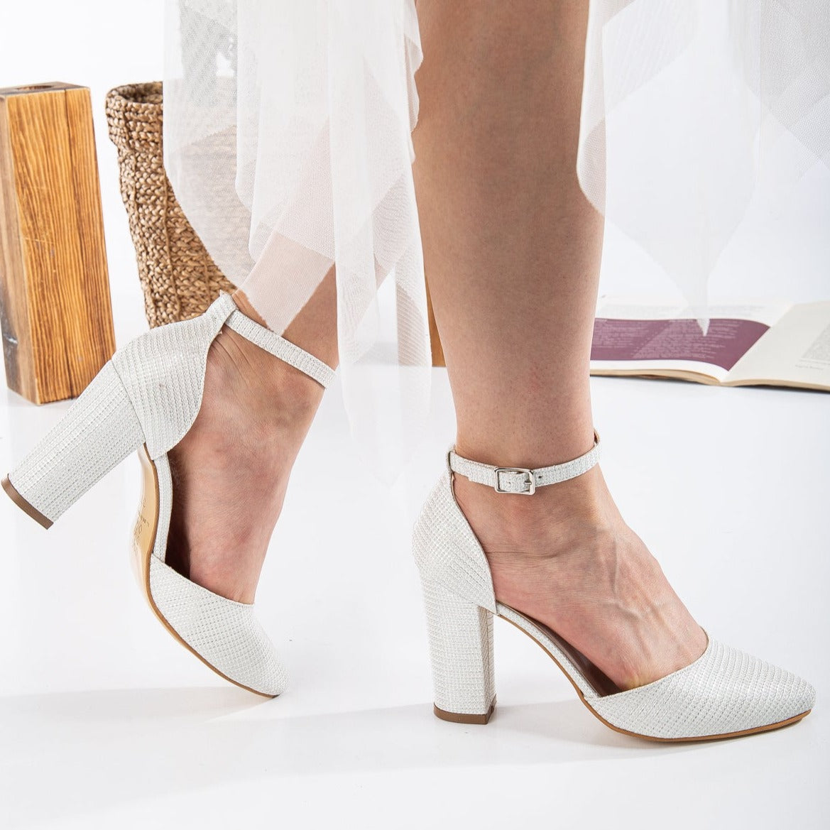 Gisele - White Glitter Wedding Heels – heel view showing leather, glitter, ivory, SimmiUnique