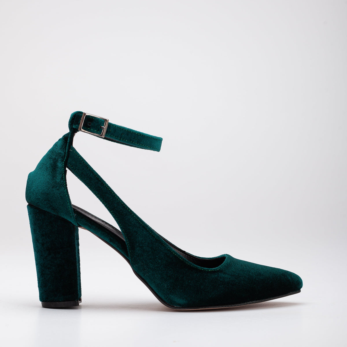 Colette - Emerald Green Velvet Heels – front three-quarter view showing velvet, green, SimmiUnique