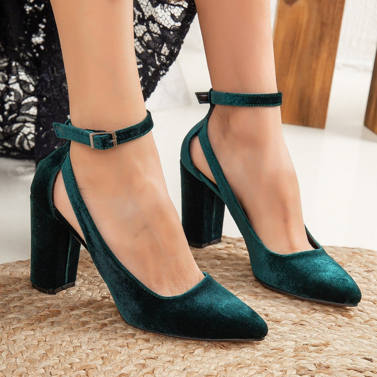 Colette - Emerald Green Velvet Heels – detail view showing velvet, green, SimmiUnique
