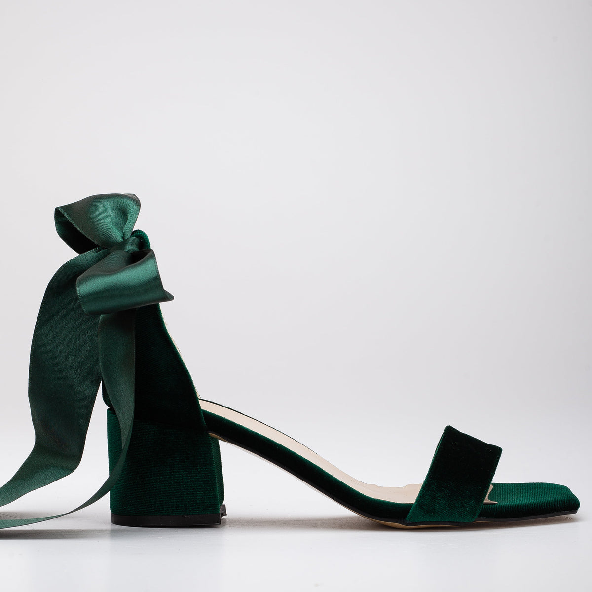 Athena - Green Velvet Sandals with Ribbon – front three-quarter view showing satin, velvet, red, SimmiUnique