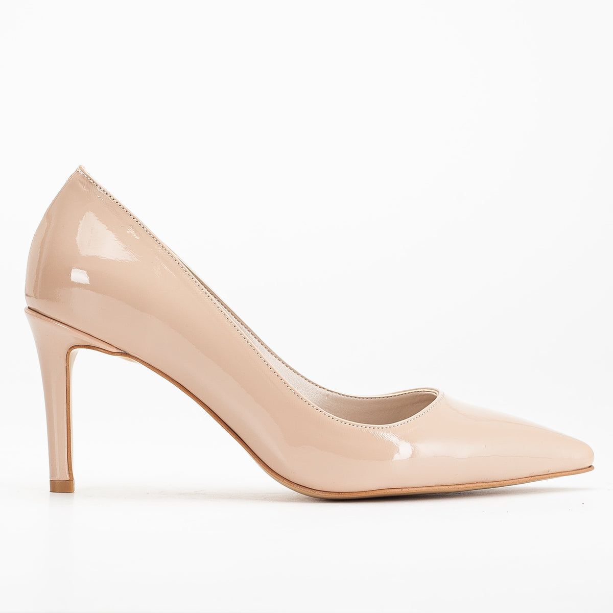 Perla - Beige Pointed Toe Stiletto Pump – front three-quarter view showing leather, red, SimmiUnique