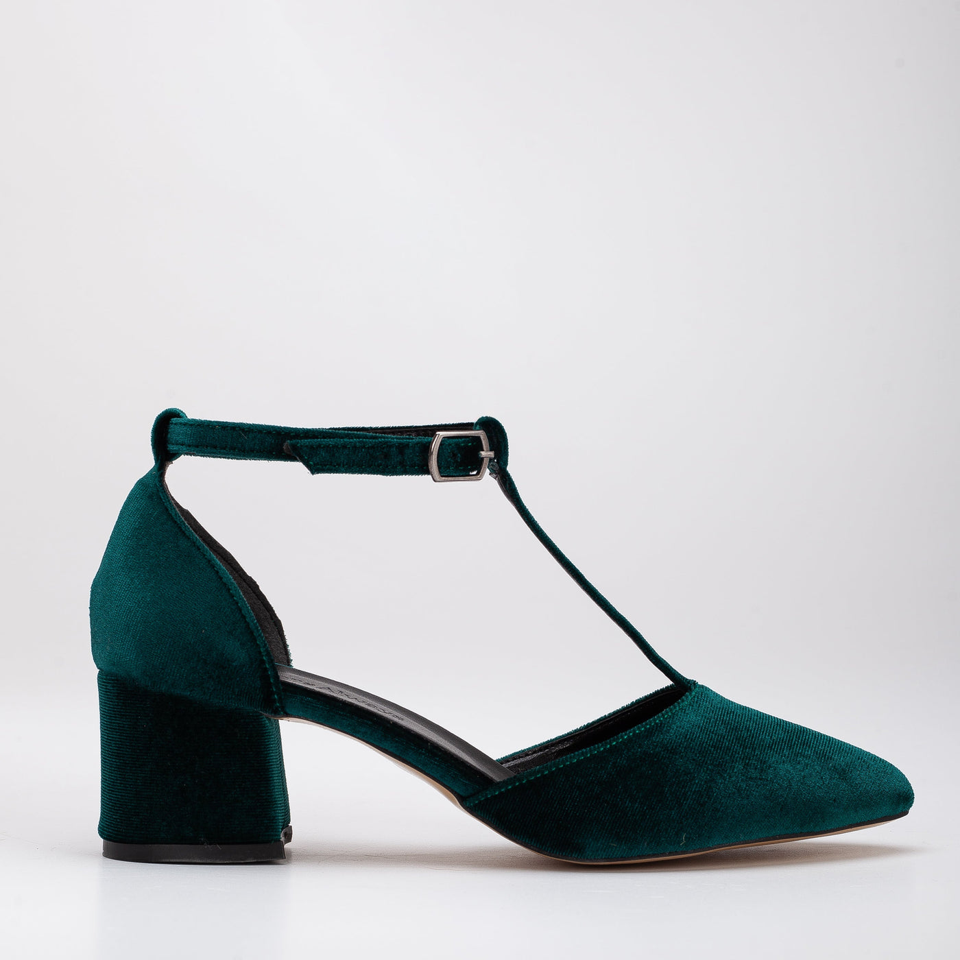 Anicette - Emerald Green Velvet Shoes – front three-quarter view showing velvet, red, green, SimmiUnique