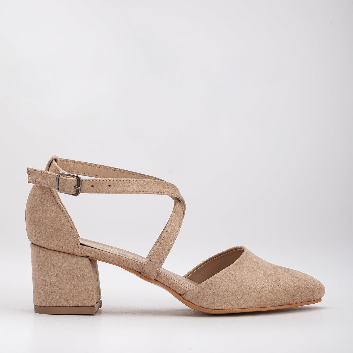 Dolly - Beige Suede Low Heels – front three-quarter view showing leather, suede, nude, SimmiUnique