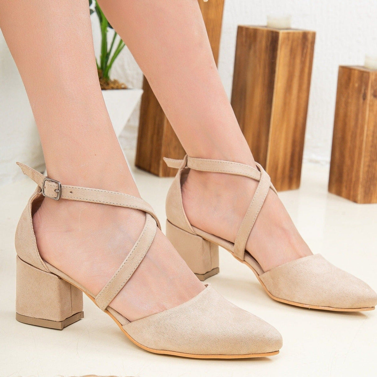 Dolly - Beige Suede Low Heels – side view showing leather, suede, nude, SimmiUnique