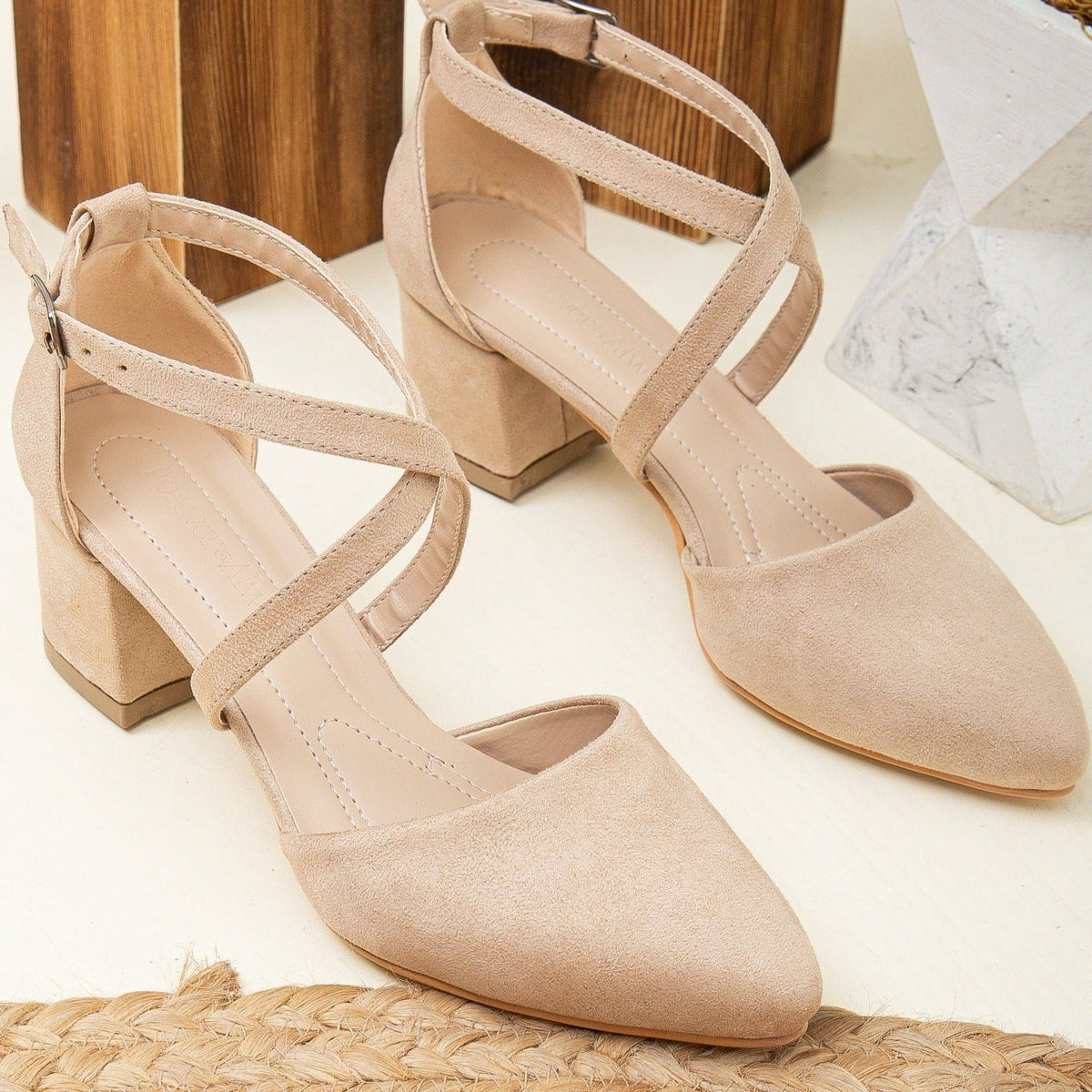 Dolly - Beige Suede Low Heels – back view showing leather, suede, nude, SimmiUnique