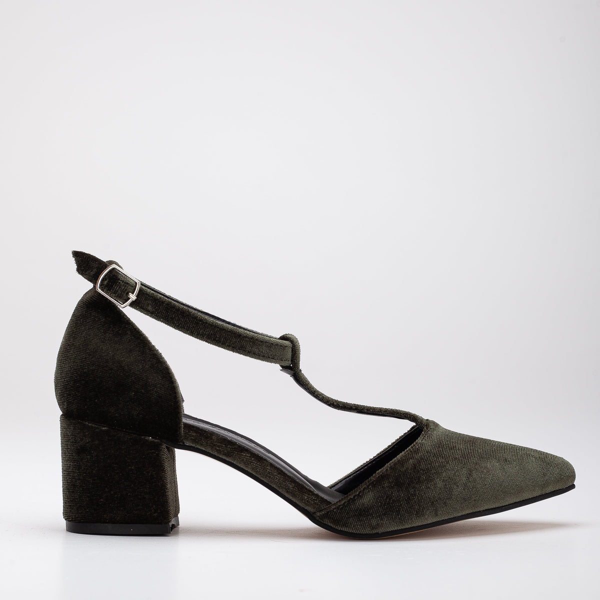 Anicette - Olive Green Velvet Pumps – front three-quarter view showing velvet, green, SimmiUnique