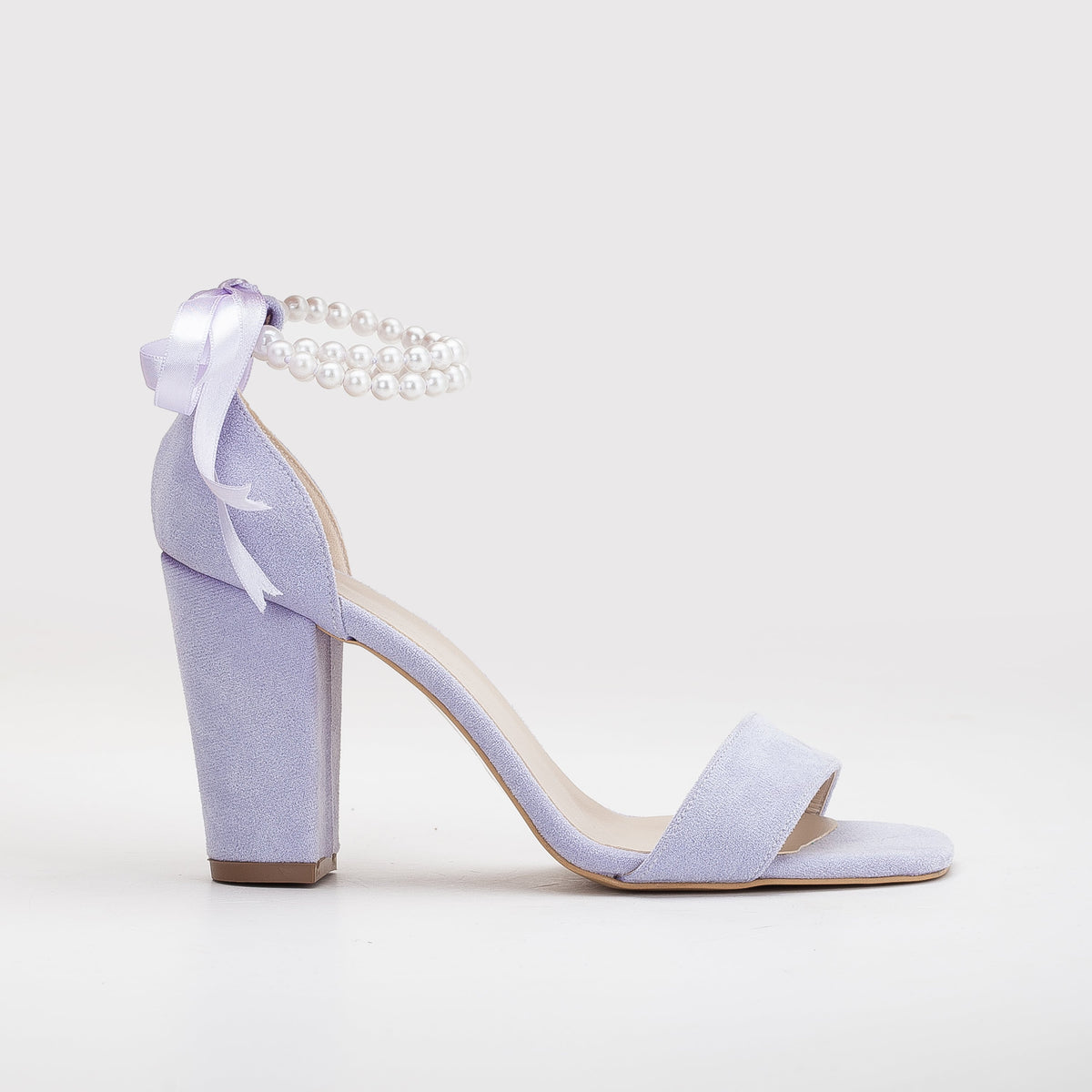 Melissa - Lilac Suede Sandals with Pearls – front three-quarter view showing pearl, leather, suede, SimmiUnique