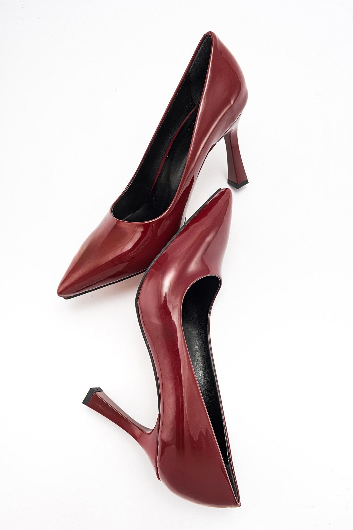 Forest Burgundy Patent Pointed Toe Pump – heel view showing leather, SimmiUnique