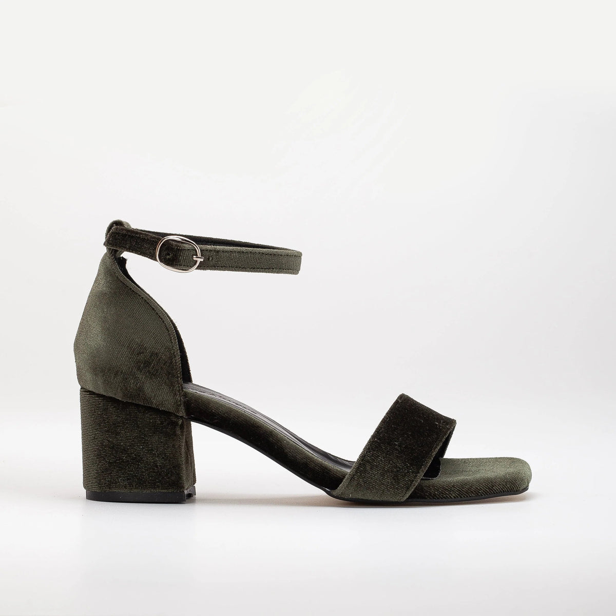Iva - Olive Green Velvet Low Heel Sandals – front three-quarter view showing velvet, green, SimmiUnique