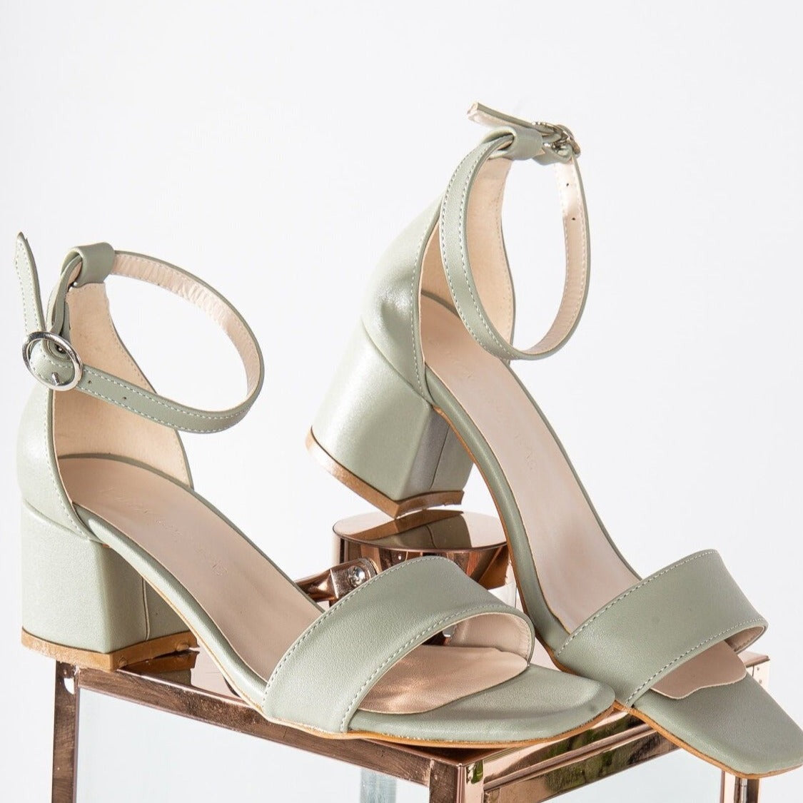 Iva - Sage Green Low Heel – detail view showing leather, green, SimmiUnique