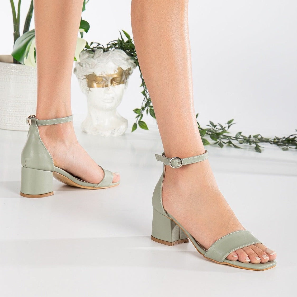 Iva - Sage Green Low Heel – back view showing leather, green, SimmiUnique