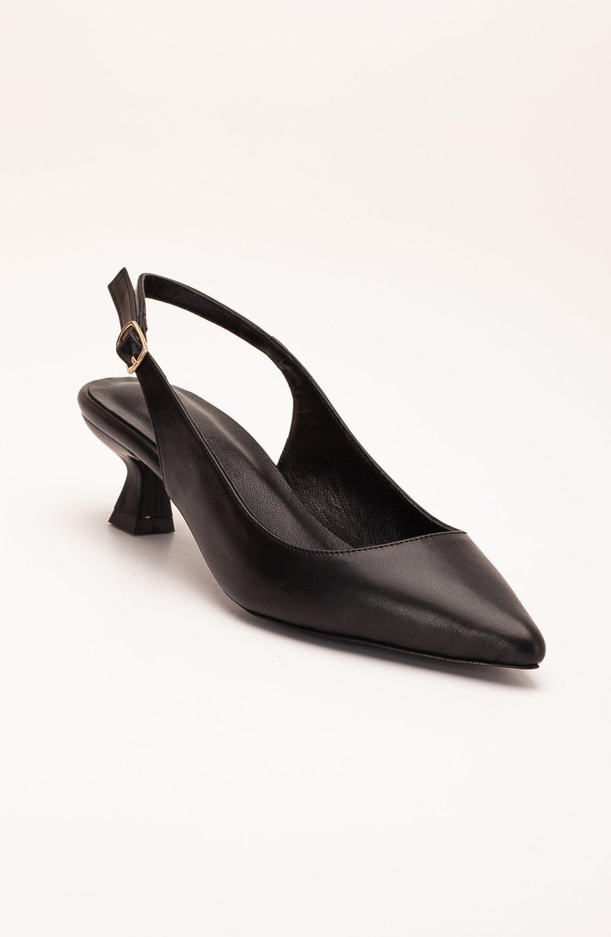Lety - Black Leather Slingback Pumps – front three-quarter view showing leather, black, gold, SimmiUnique