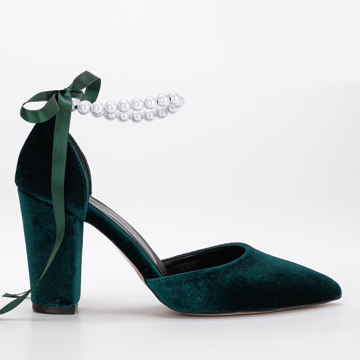 Agnes - Emerald Green Velvet Pearl Heels – front three-quarter view showing pearl, velvet, green, SimmiUnique