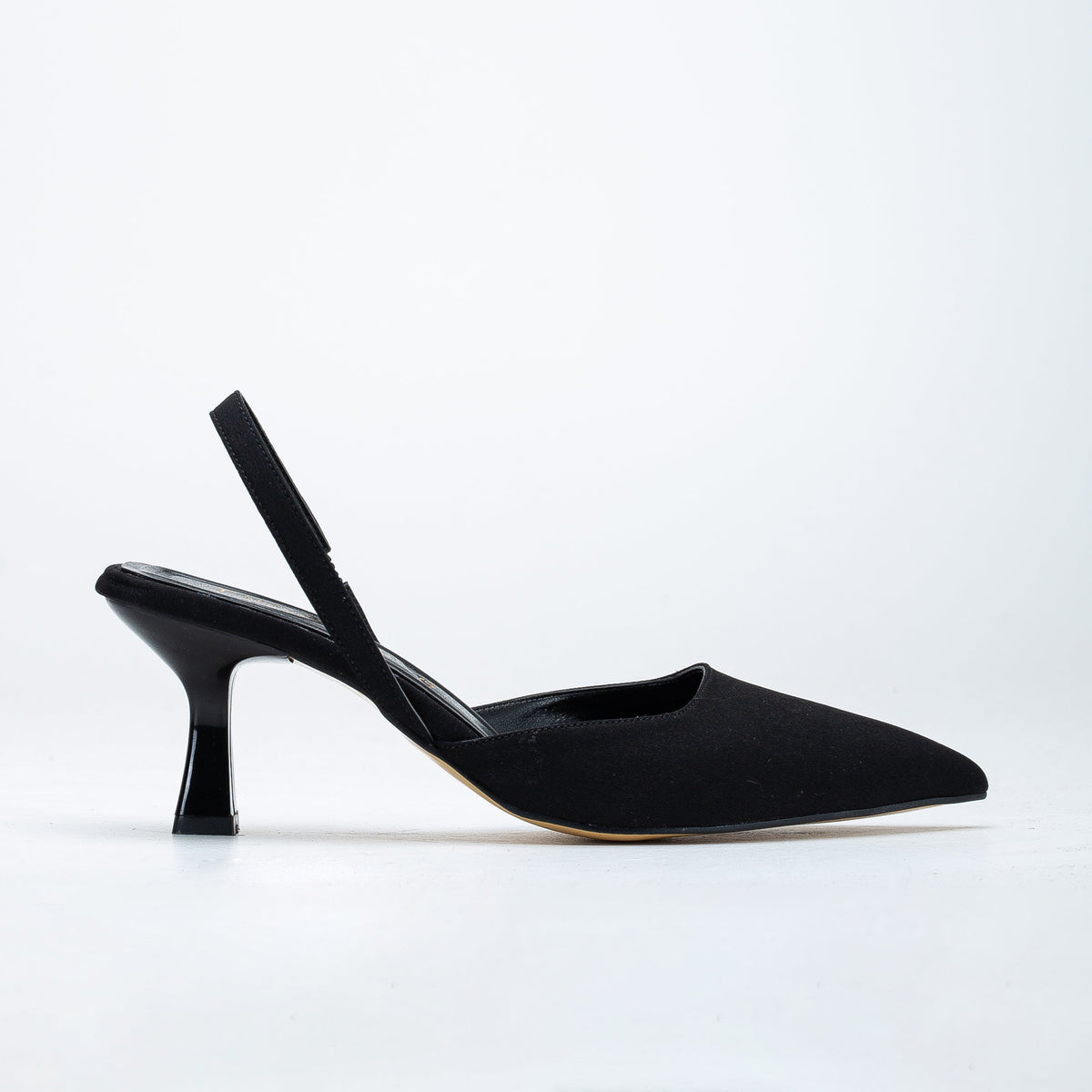 Rae - Black Suede Slingback Kitten Heels – front three-quarter view showing suede, black, SimmiUnique