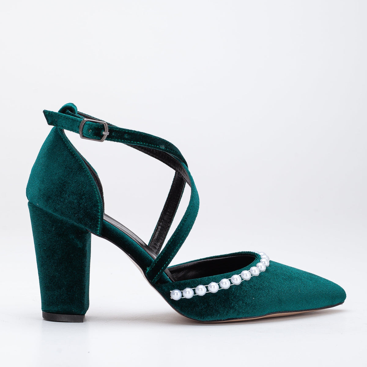 Sina - Green Velvet Pearl Heels – front three-quarter view showing pearl, velvet, green, SimmiUnique