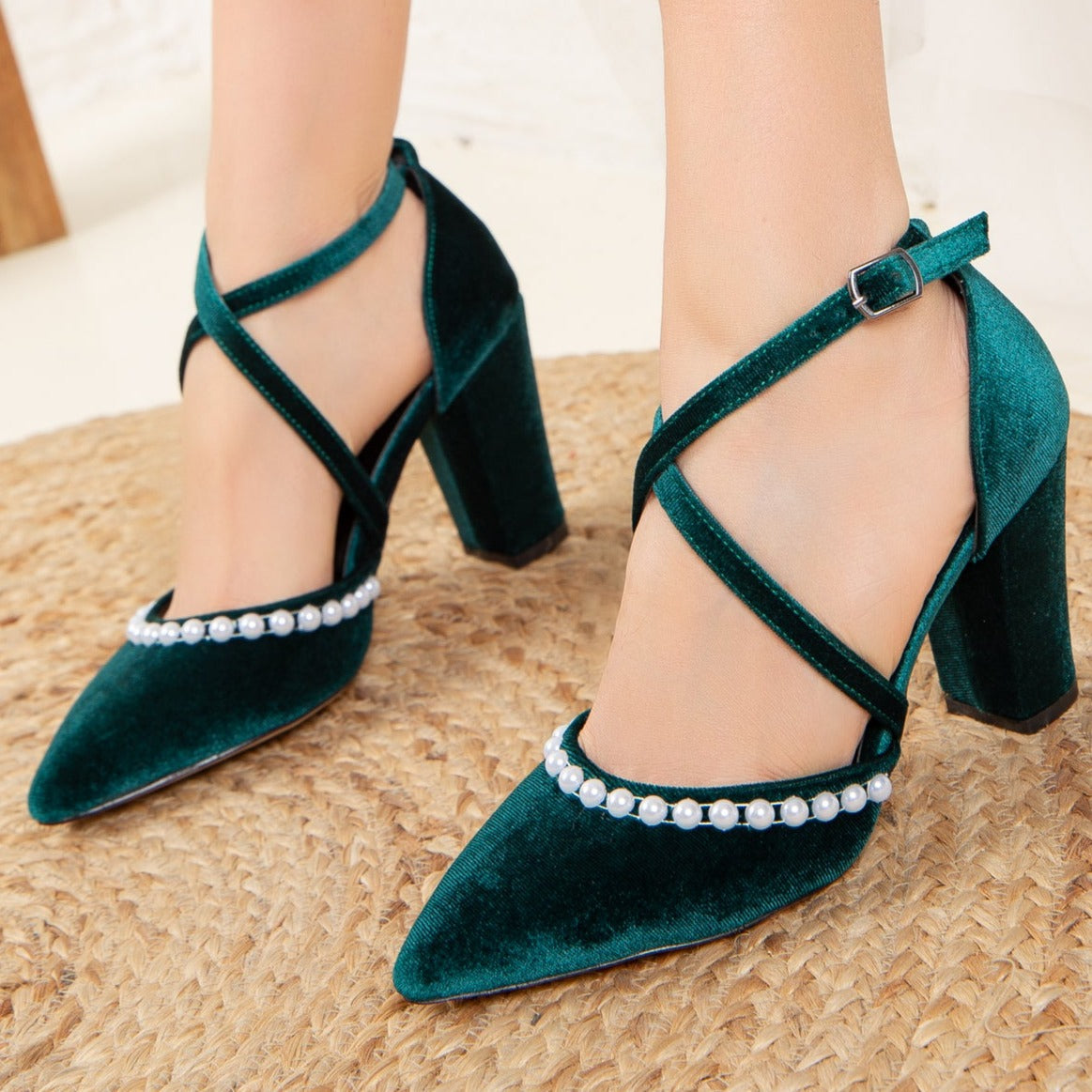 Sina - Green Velvet Pearl Heels – heel view showing pearl, velvet, green, SimmiUnique