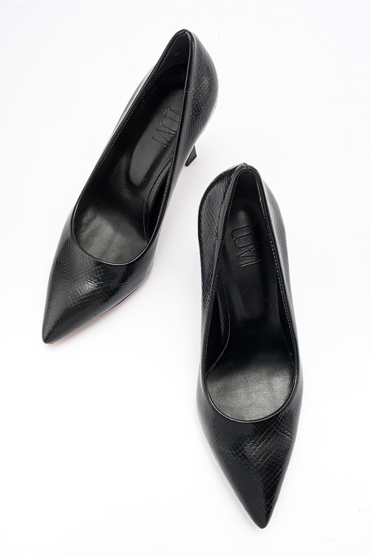 Forest Black Pointed Toe Pump – heel view showing leather, black, SimmiUnique