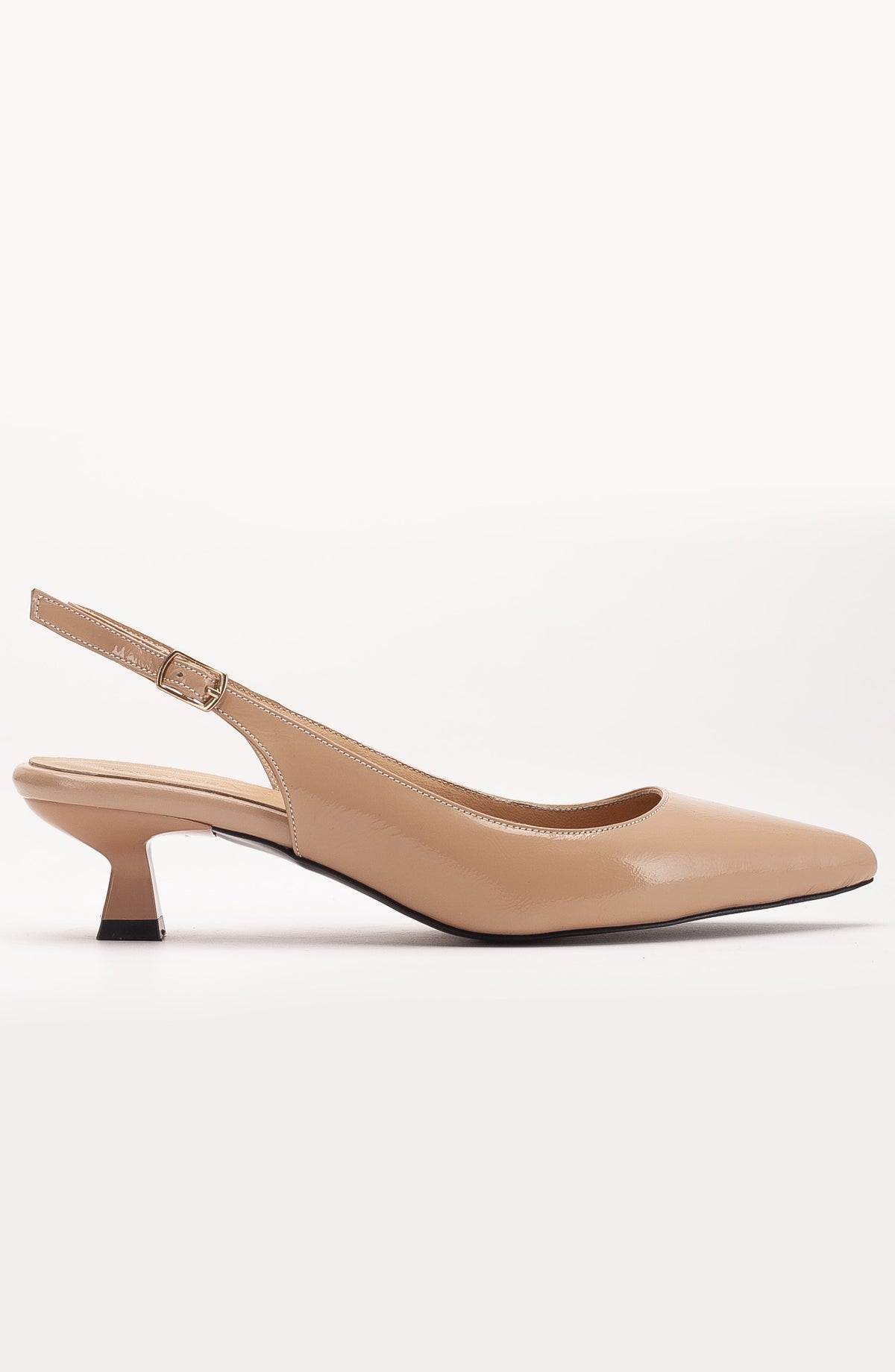 Lety - Beige Patent Leather Slingback Pumps – side view showing leather, gold, red, SimmiUnique