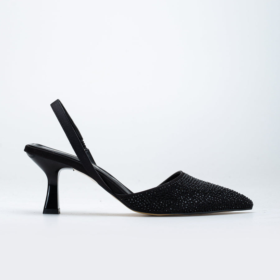 Rae - Black Rhinestone Slingback Kitten Heels