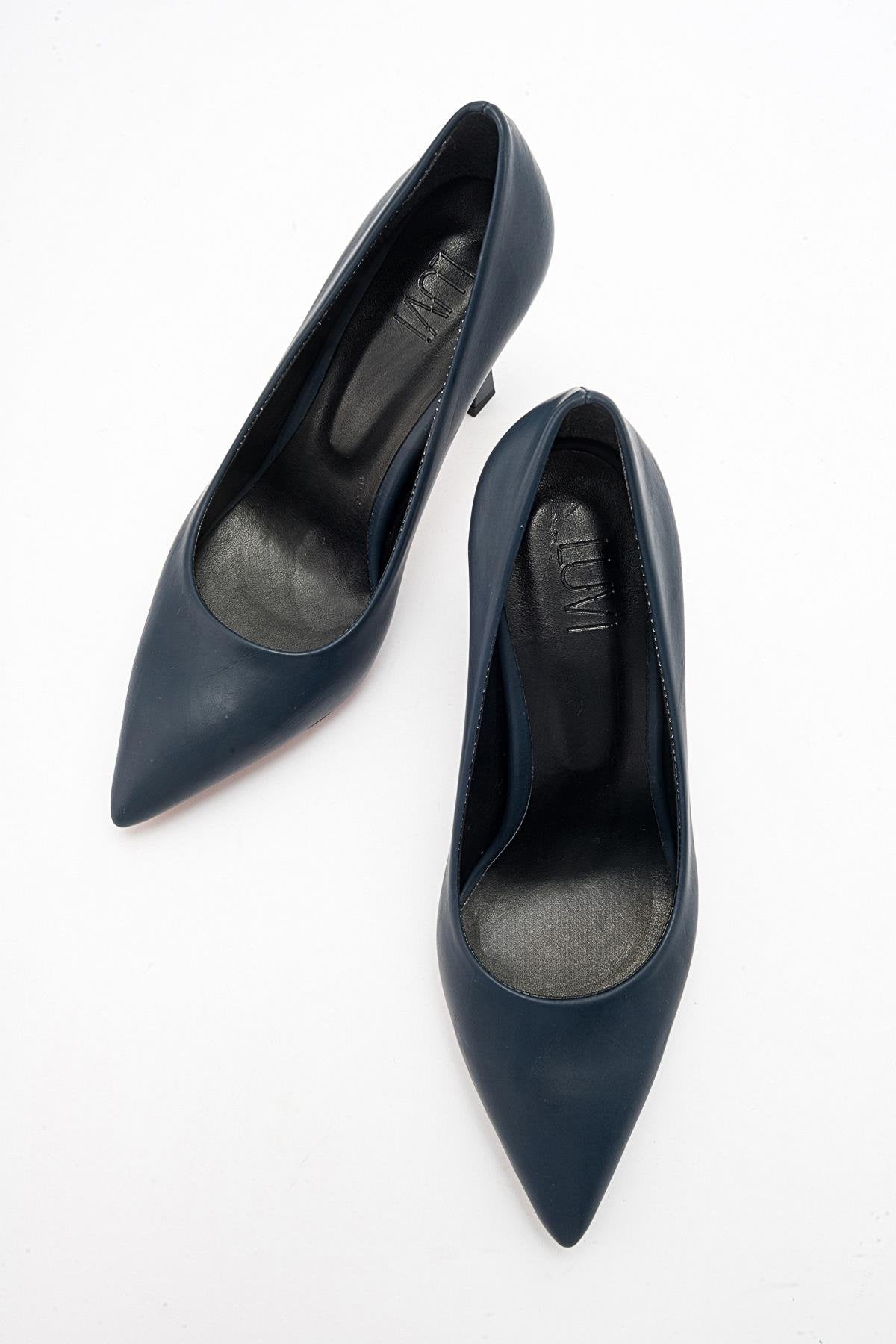 Forest Navy Cilt Pointed Toe Pump – heel view showing leather, SimmiUnique