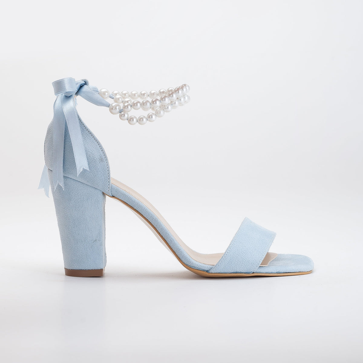 Melissa - Blue Suede Sandals with Pearls – front three-quarter view showing pearl, leather, suede, SimmiUnique