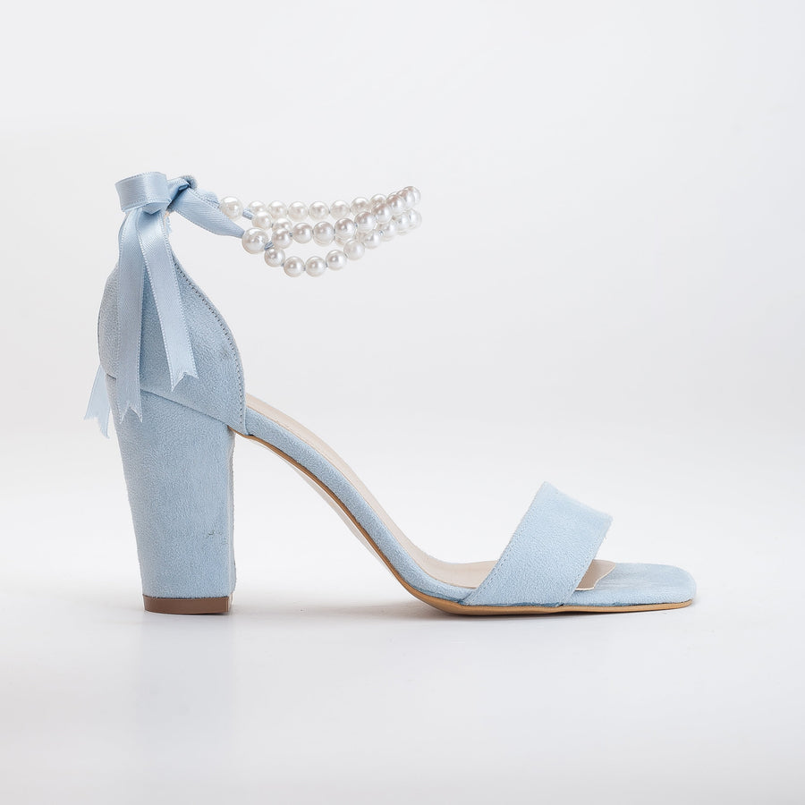 Melissa - Blue Suede Sandals with Pearls