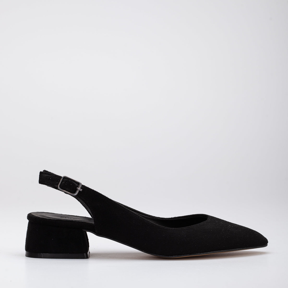Emma - Black Suede Slingback Shoes – front three-quarter view showing suede, black, SimmiUnique