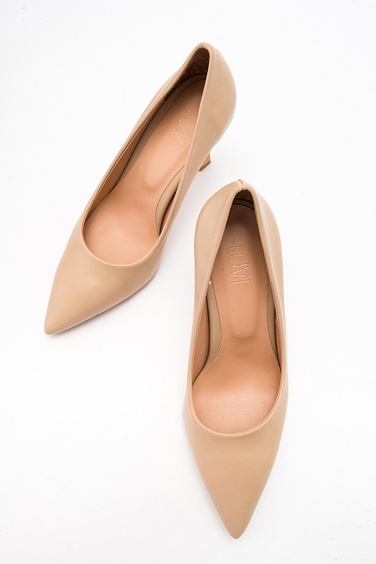 Forest Beige Cilt Pointed Toe Pump – detail view showing leather, SimmiUnique