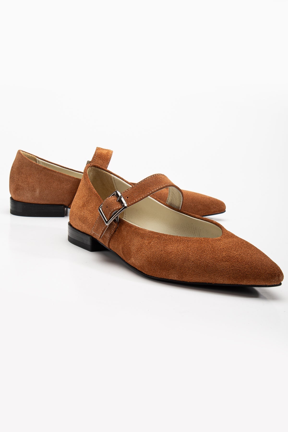 Willow - Cognac Brown Suede Leather Mary Jane Flats – front three-quarter view showing leather, suede, SimmiUnique