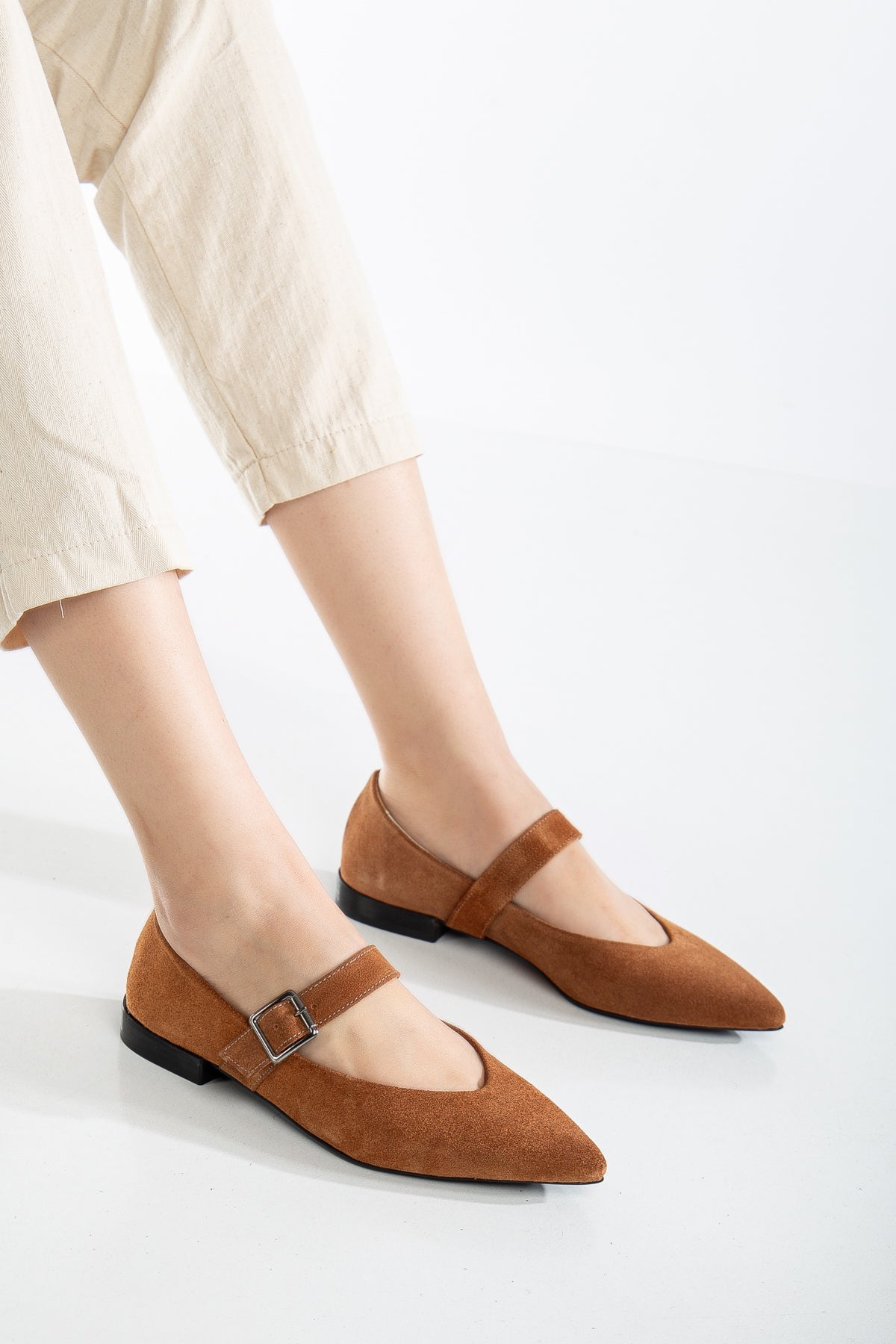 Willow - Cognac Brown Suede Leather Mary Jane Flats – side view showing leather, suede, SimmiUnique