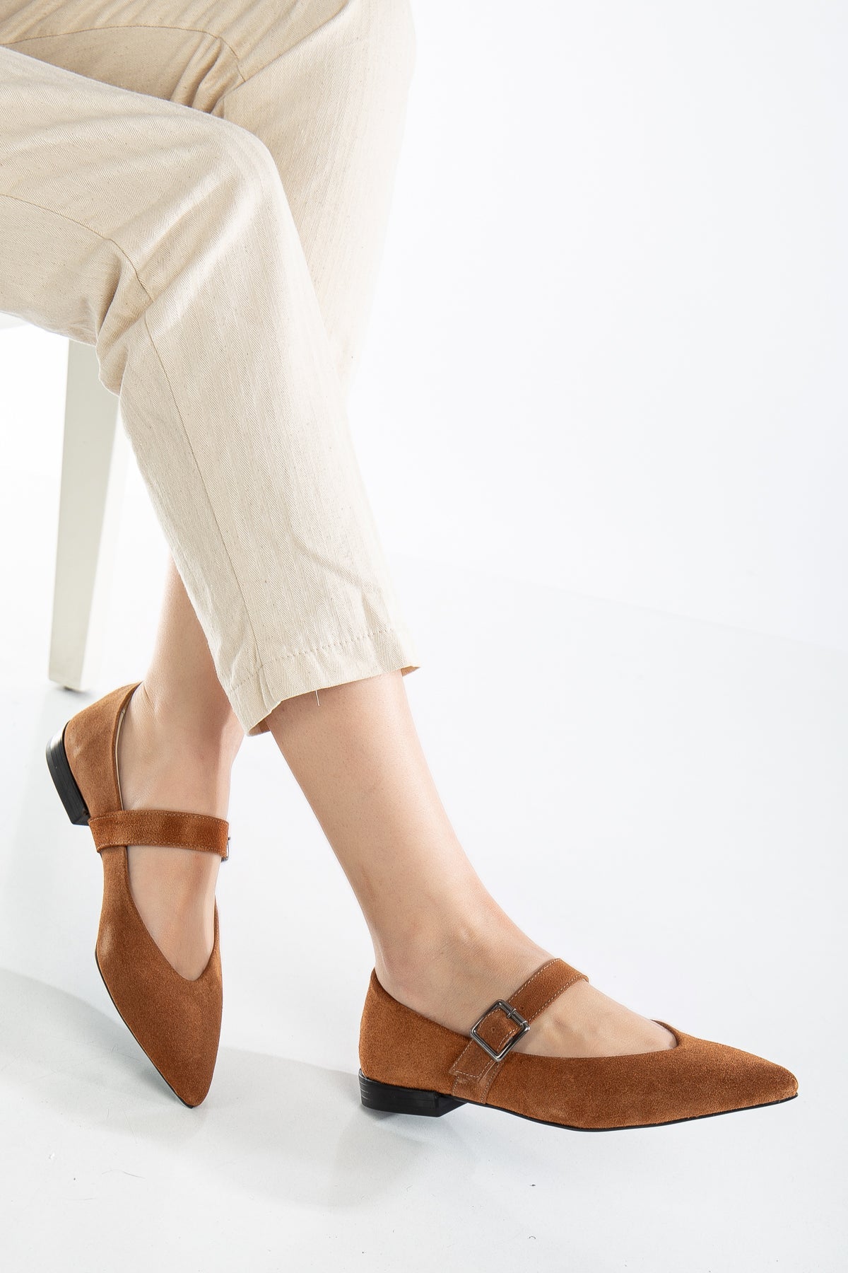 Willow - Cognac Brown Suede Leather Mary Jane Flats – detail view showing leather, suede, SimmiUnique