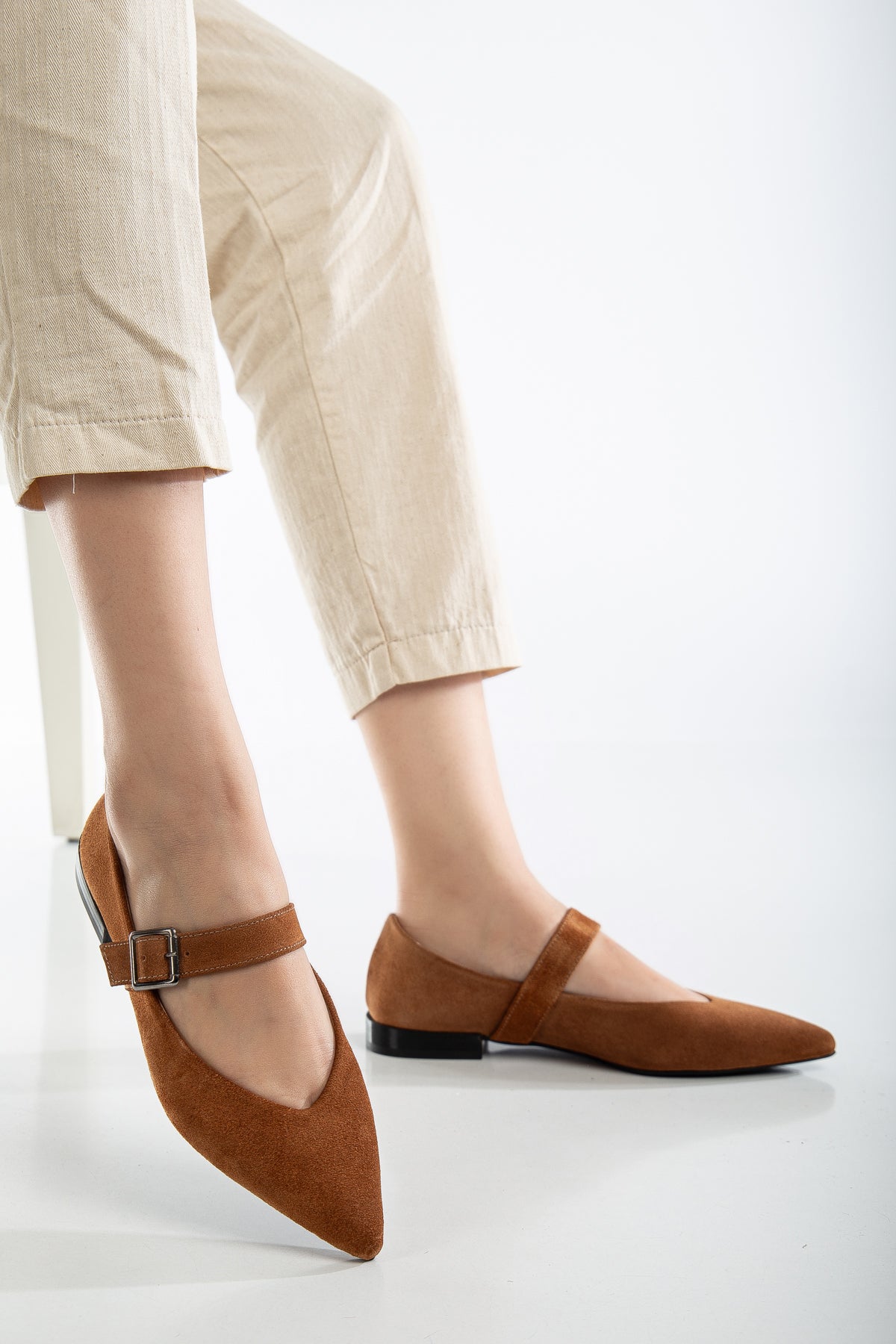 Willow - Cognac Brown Suede Leather Mary Jane Flats – heel view showing leather, suede, SimmiUnique
