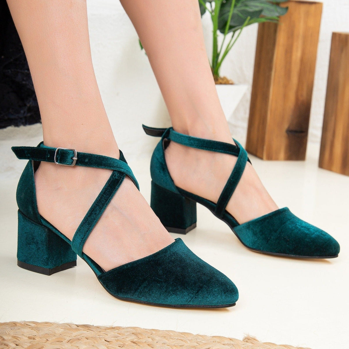 Dolly - Emerald Green Velvet Heels – detail view showing velvet, green, SimmiUnique