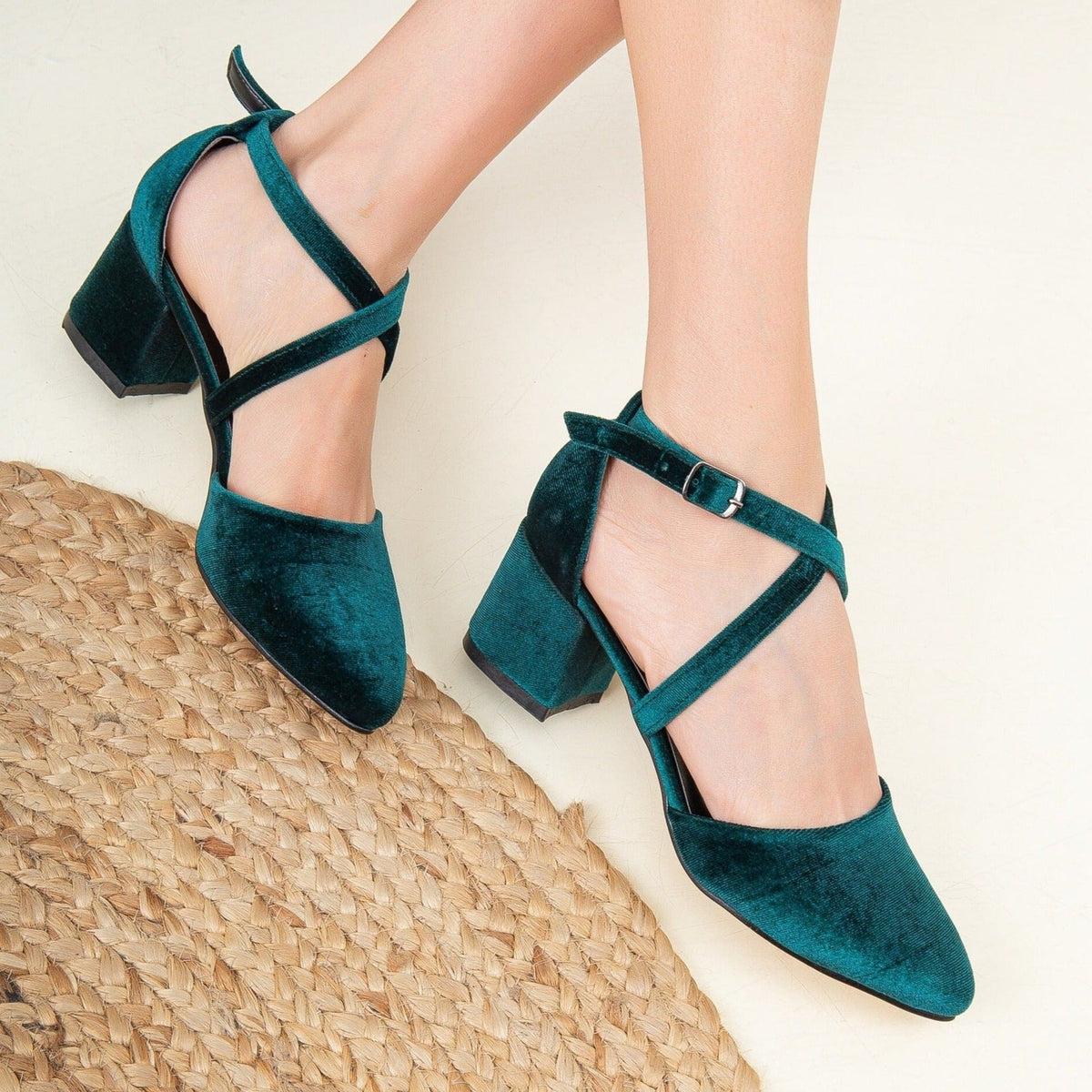 Dolly - Emerald Green Velvet Heels – back view showing velvet, green, SimmiUnique