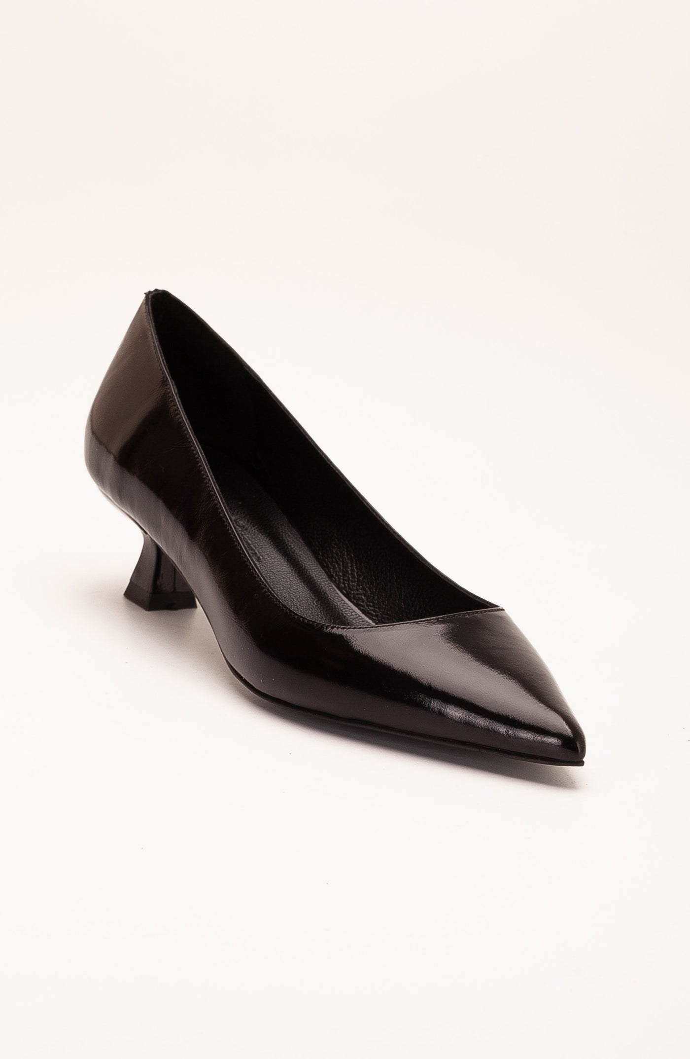 Helly - Black Patent Leather Stiletto Pumps – front three-quarter view showing leather, black, red, SimmiUnique