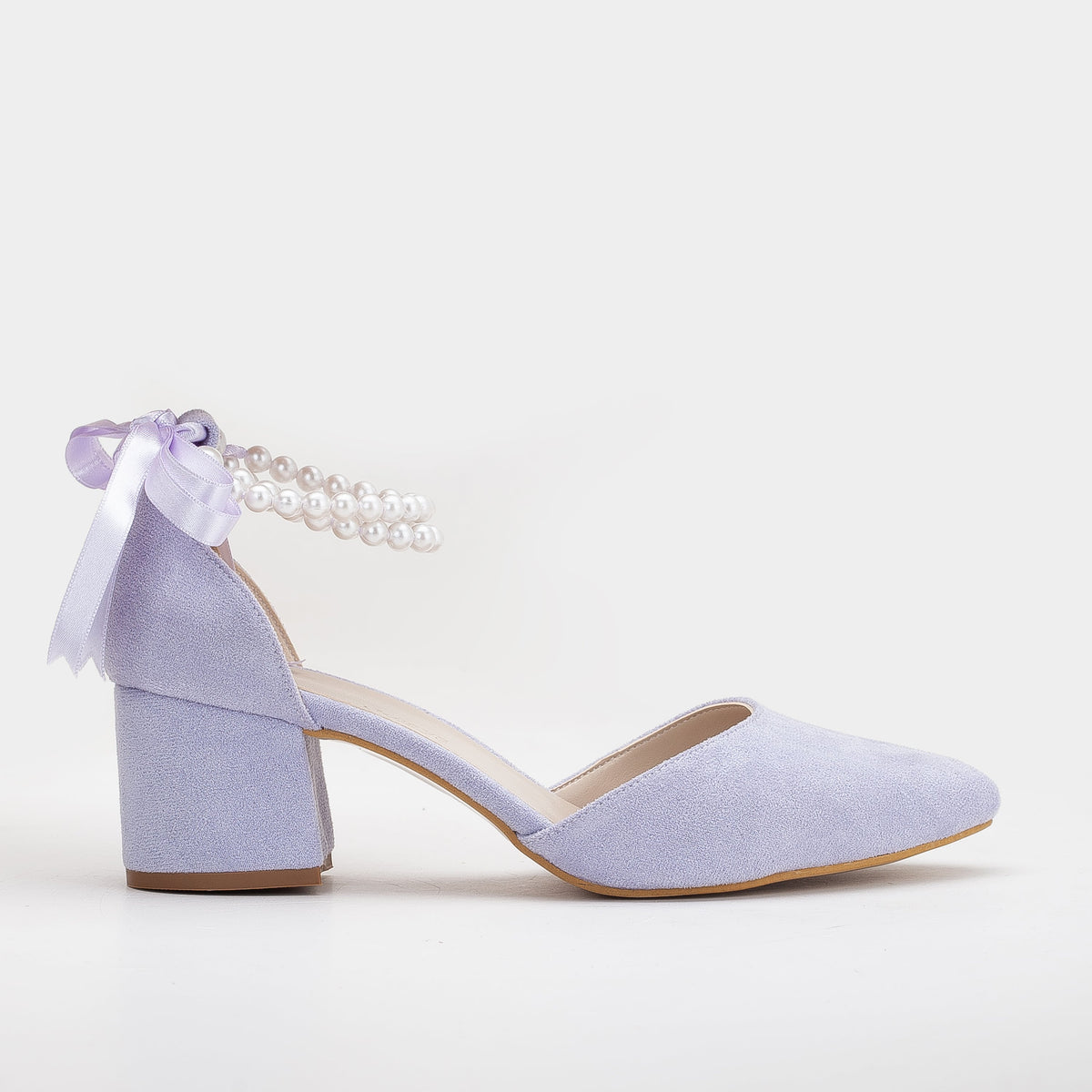 Miranda - Lilac Bridal Shoes with Pearls – front three-quarter view showing pearl, leather, suede, SimmiUnique