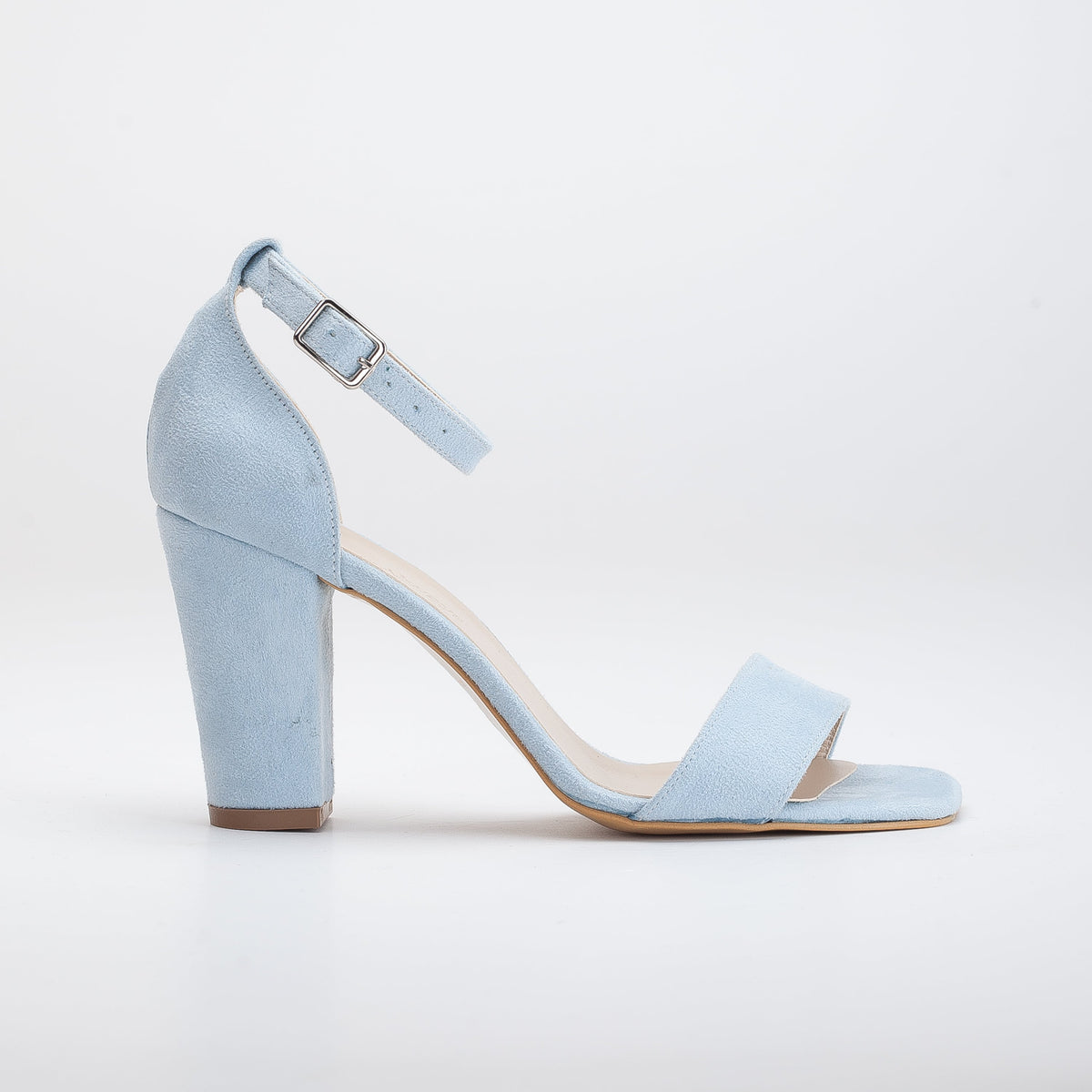 Jess - Blue Suede Sandals – front three-quarter view showing leather, suede, blue, SimmiUnique