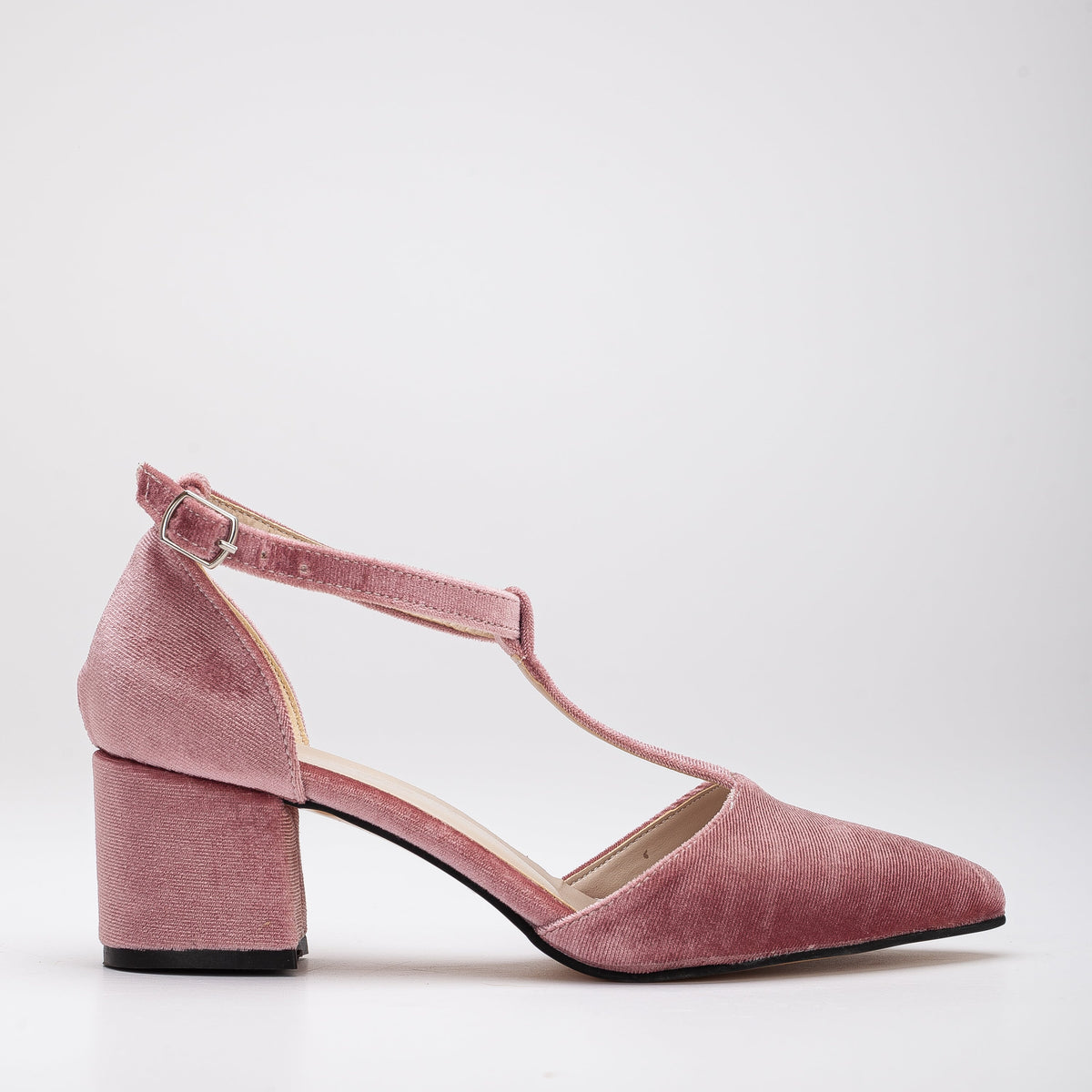 Anicette - Rose Velvet Low Heels – front three-quarter view showing velvet, pink, SimmiUnique