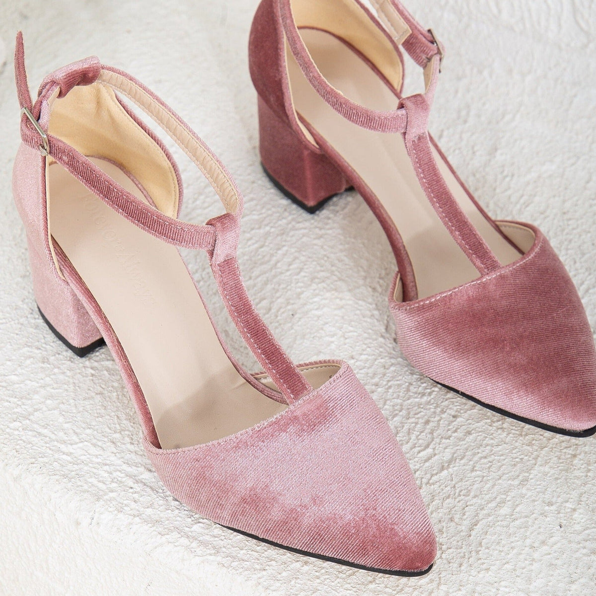 Anicette - Rose Velvet Low Heels – side view showing velvet, pink, SimmiUnique
