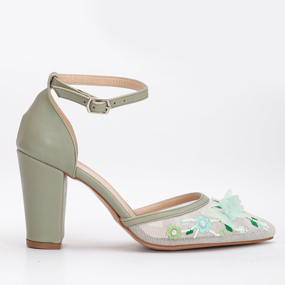 Ivy - Sage Green 3D Floral Lace Wedding Shoes – front three-quarter view showing pearl, lace, leather, SimmiUnique