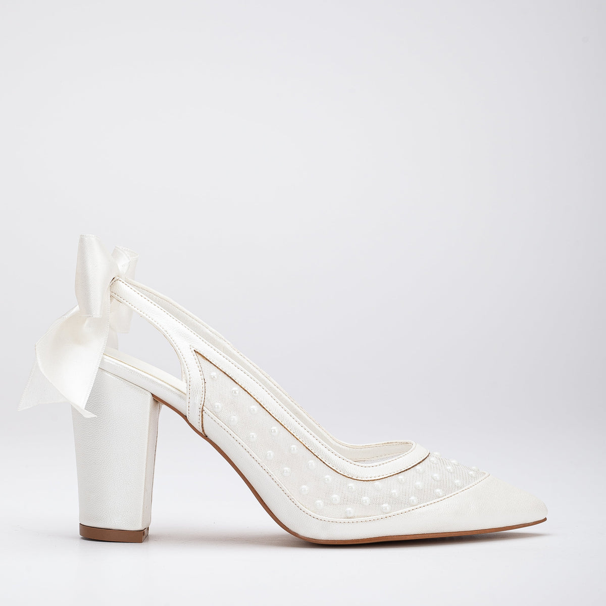 Fleur - Lace Slingback Wedding Shoes – front three-quarter view showing pearl, lace, satin, SimmiUnique
