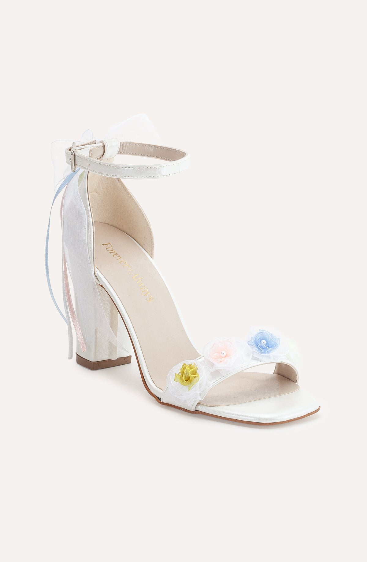 Nikki - Ivory Lace Bridal Sandals with Pearls – front three-quarter view showing pearl, bow, lace, SimmiUnique