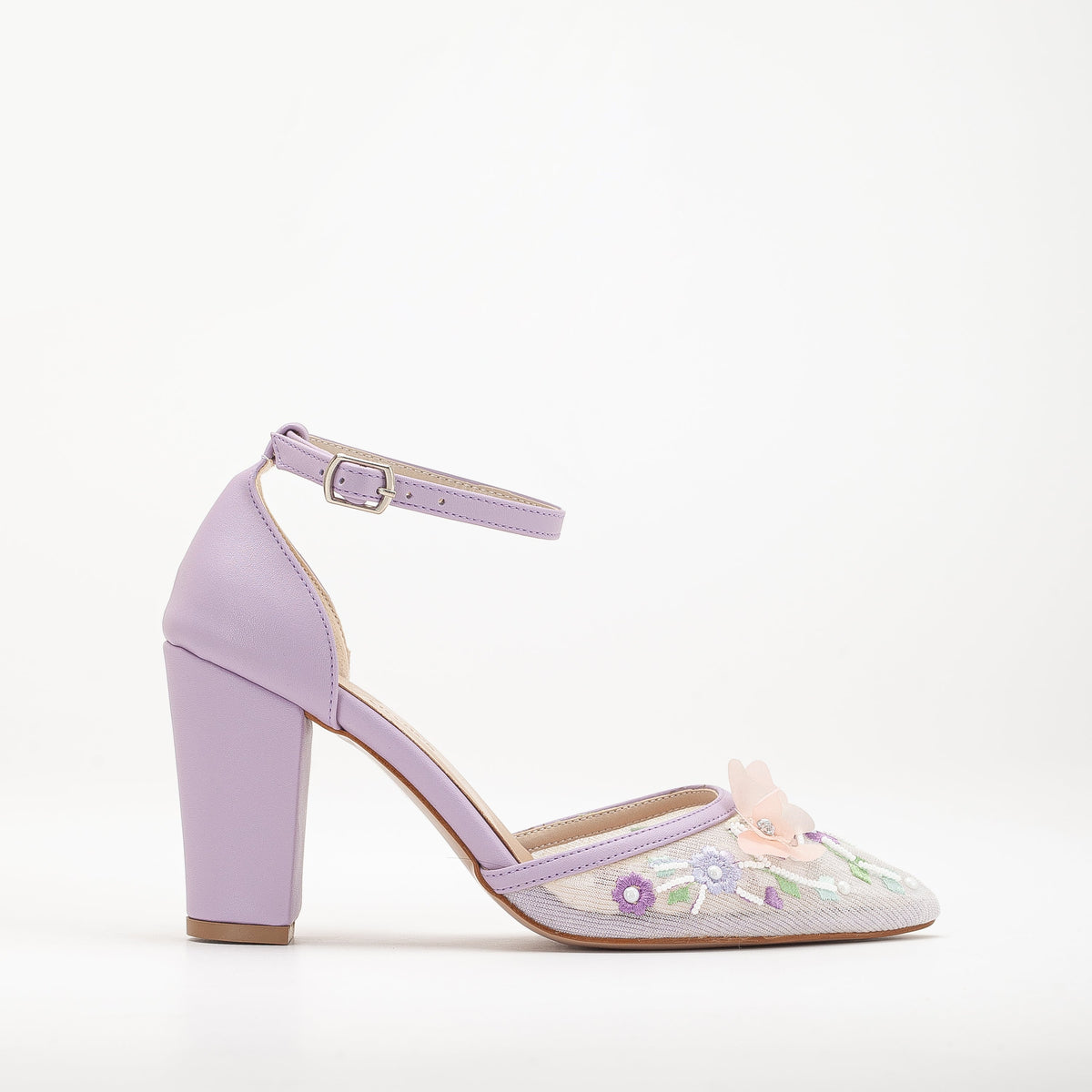 Ivy - Lavender 3D Floral Lace Wedding Shoes – front three-quarter view showing pearl, lace, leather, SimmiUnique