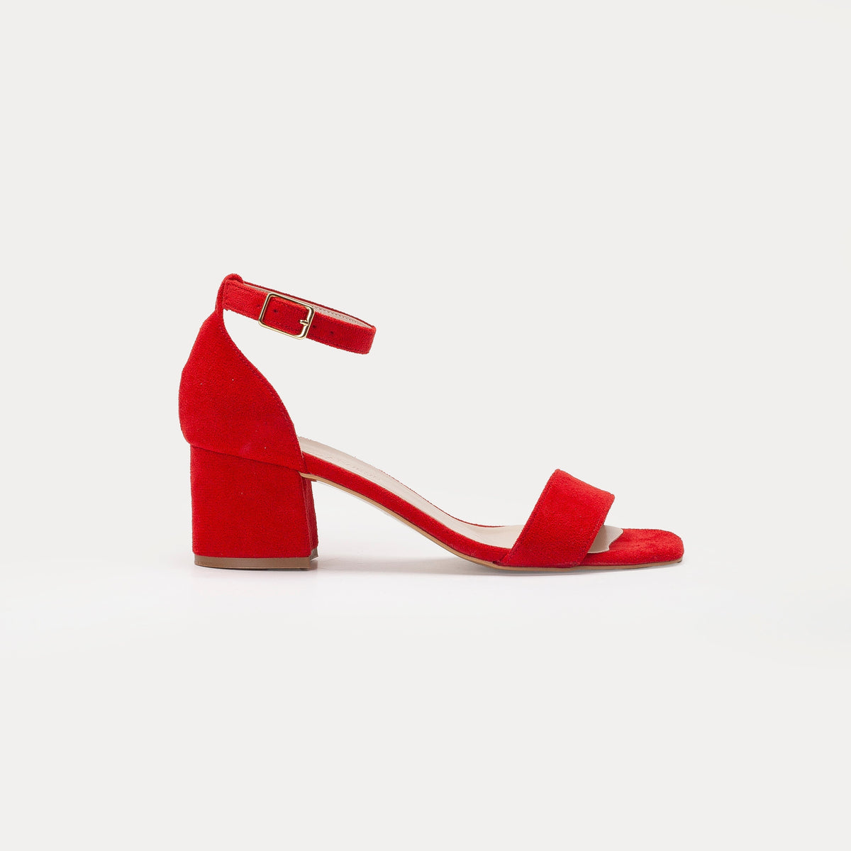 Iva - Red Suede Sandals – front three-quarter view showing leather, suede, red, SimmiUnique