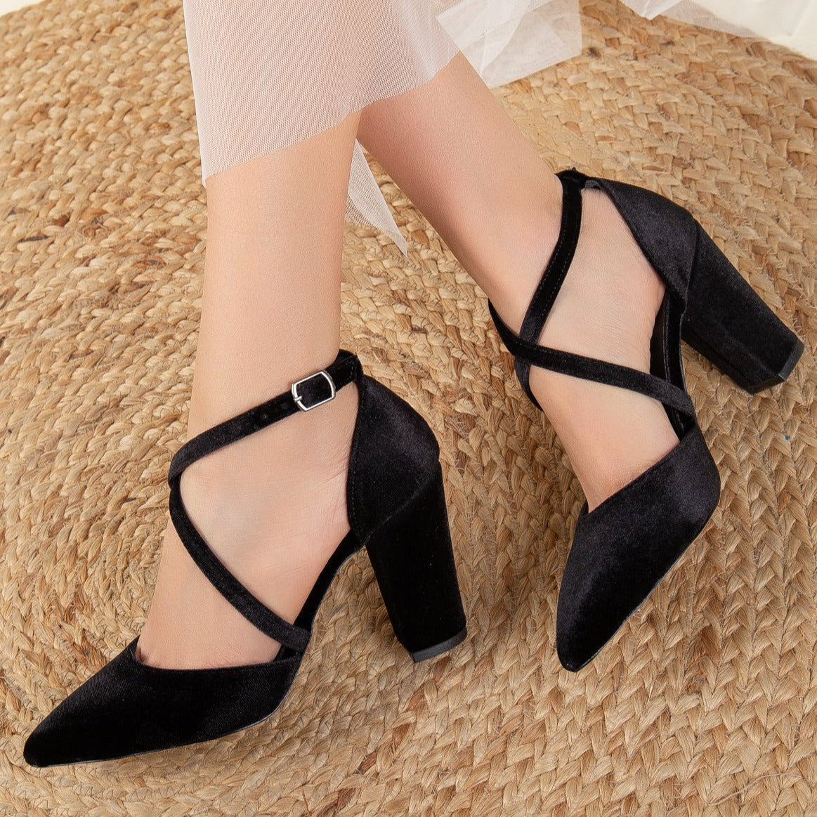 Sina - Black Velvet High Heels – heel view showing velvet, black, SimmiUnique