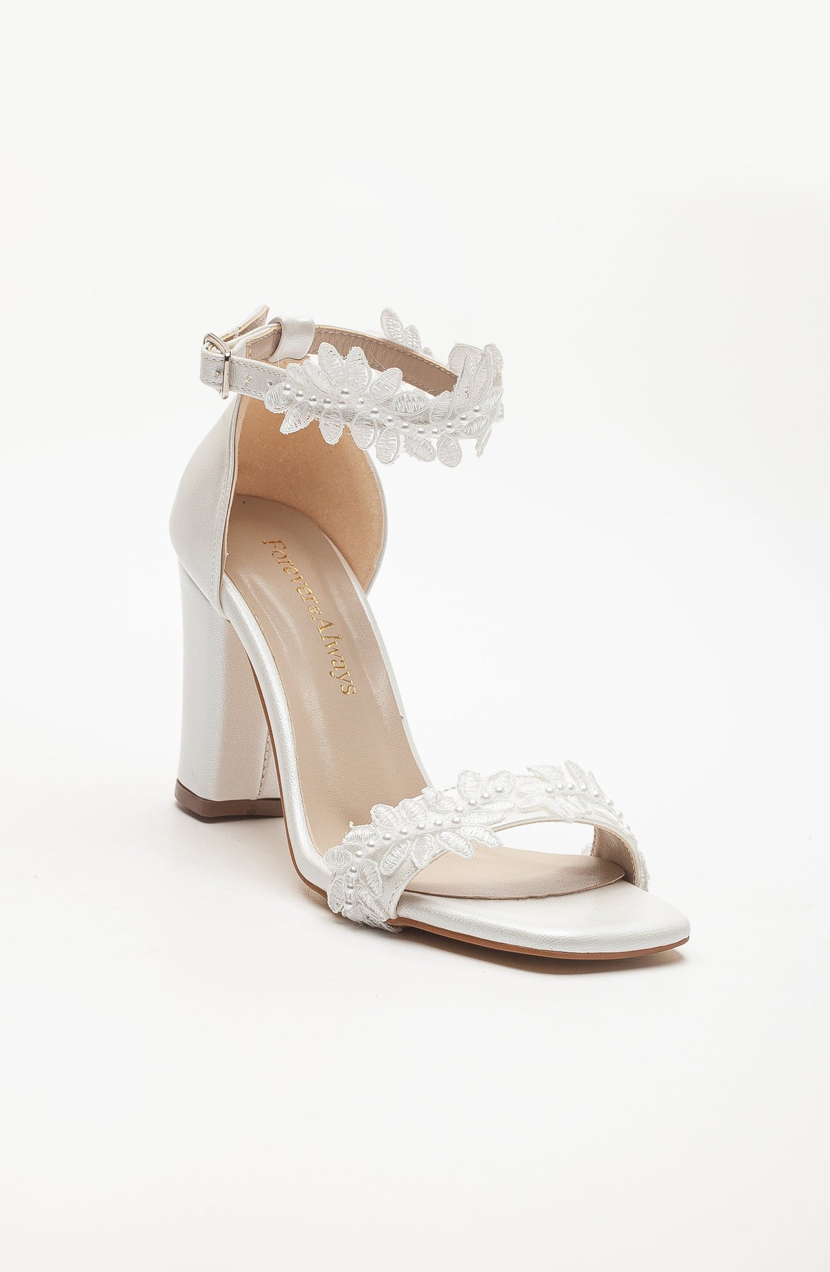 Marlene - Ivory Lace Bridal Heels – front three-quarter view showing lace, ivory, white, SimmiUnique