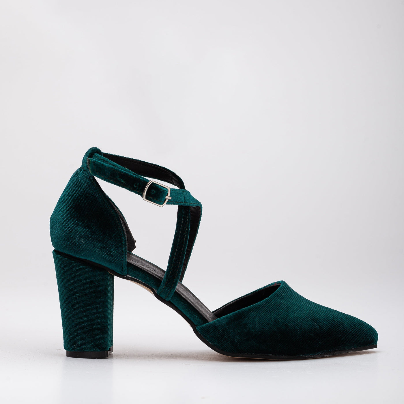 Sina - Emerald Green Velvet Heels – front three-quarter view showing velvet, green, SimmiUnique