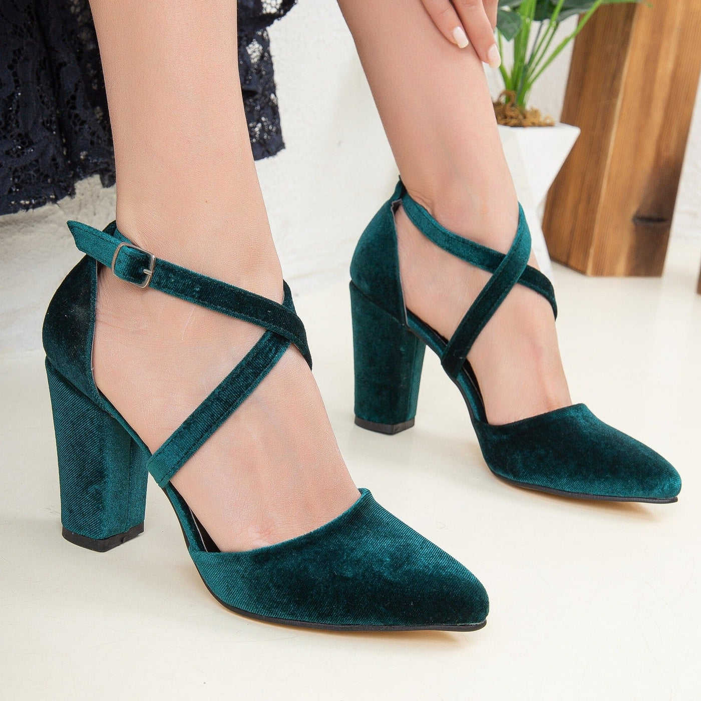 Sina - Emerald Green Velvet Heels – heel view showing velvet, green, SimmiUnique