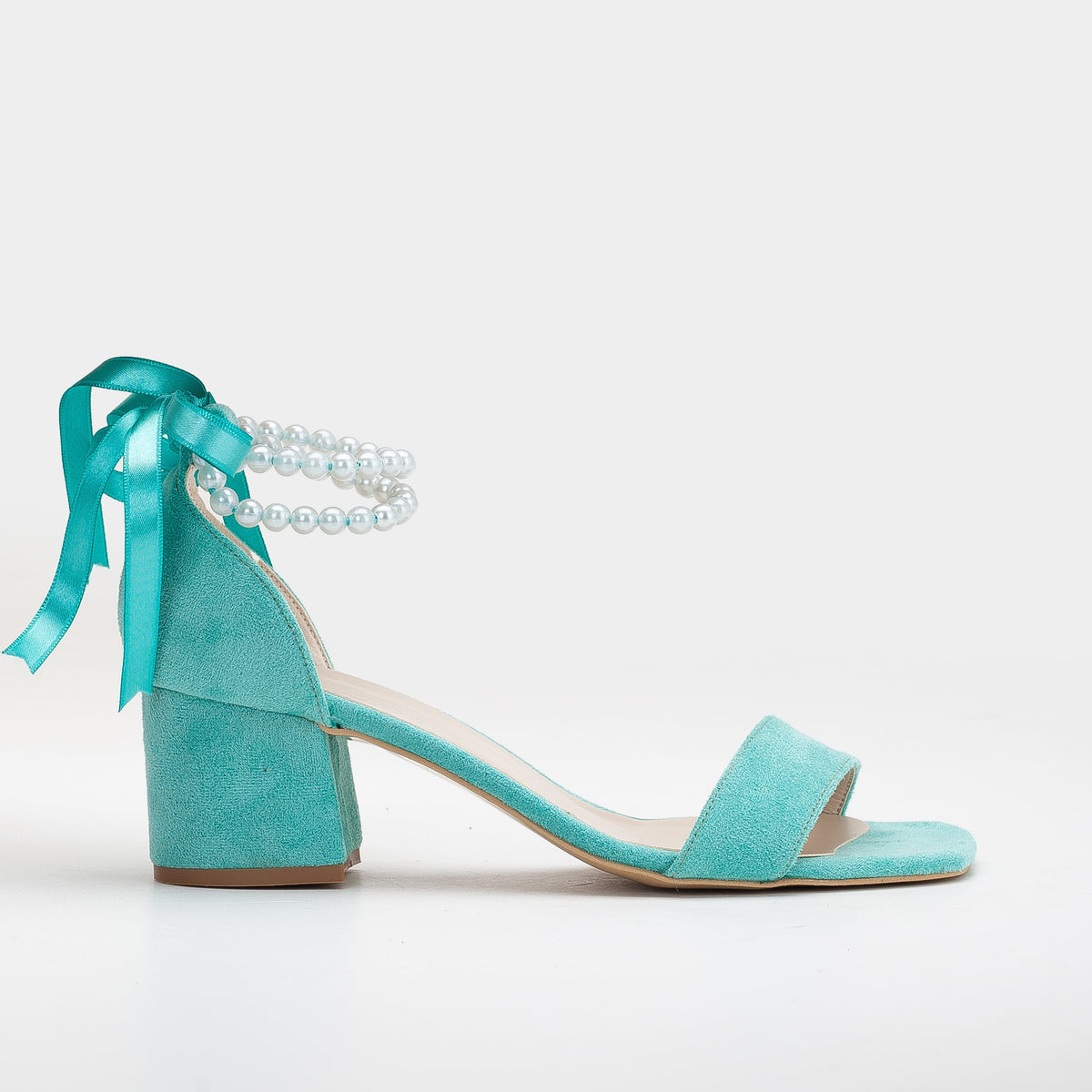 Illy - Aqua Blue Bridal Shoes with Pearls – front three-quarter view showing pearl, leather, suede, SimmiUnique
